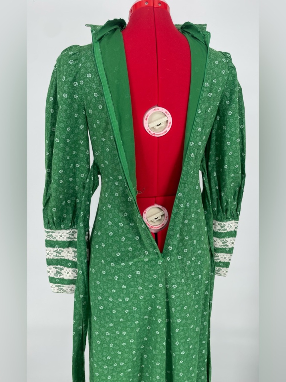 1970s Green High Neck Voluminous Long Sleeve Handmade Prairie Dress Lace Accents - Picture 14 of 15